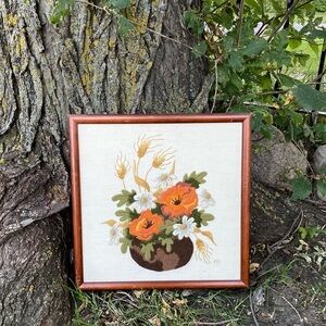 Vintage Crewel‎ needlepoint Embroidery Art in Wooden Frame handmade floral wheat